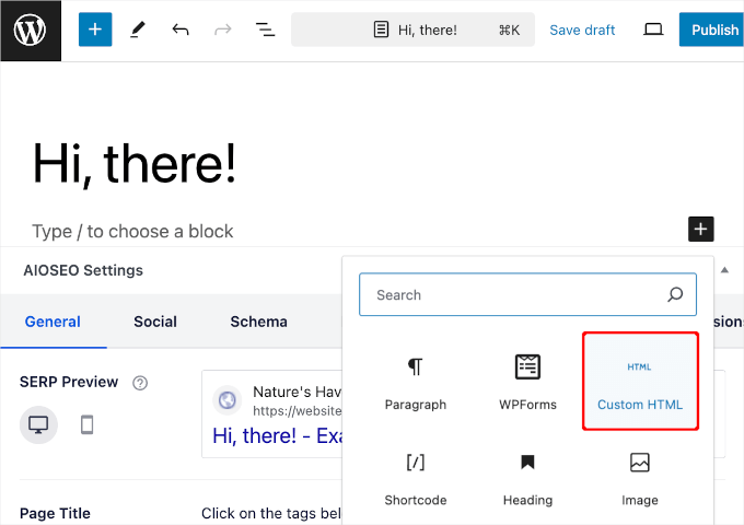 Adding custom HTML block in WordPress Adding custom HTML block in WordPress