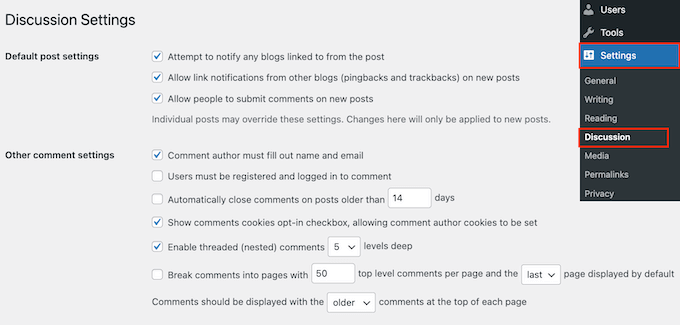 Changing the WordPress comment settings Changing the WordPress comment settings