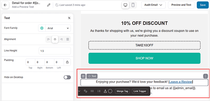 Add review link to order receipt in FunnelKit Automations