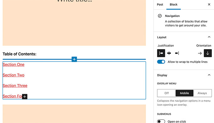 Using navigation block for table of contents Using navigation block for table of contents