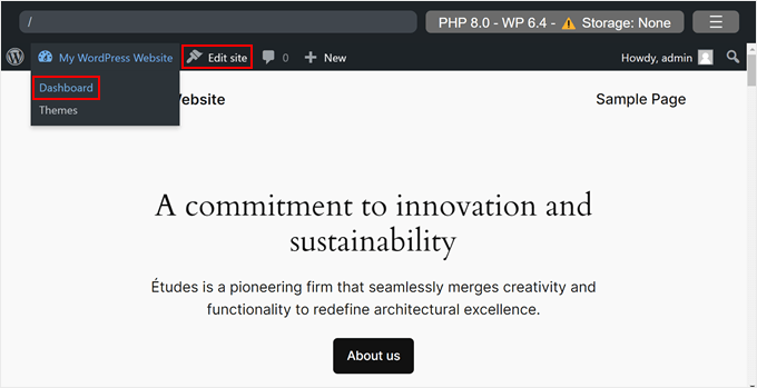 Going to the WordPress Playground dashboard or full site editor Going to the WordPress Playground dashboard or full site editor