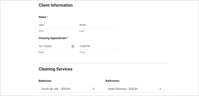 Cleaning services form preview with WPForms Cleaning services form preview with WPForms