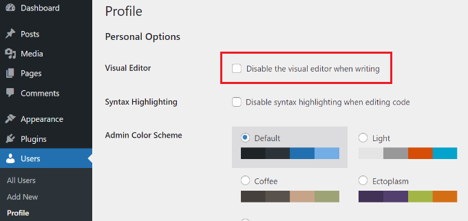 Disable the visual editor when writing Disable the visual editor when writing