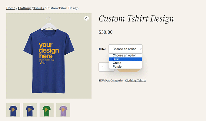 Example of a WooCommerce product with variations Example of a WooCommerce product with variations