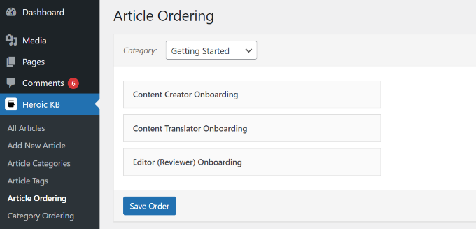 Edit article ordering settings Edit article ordering settings
