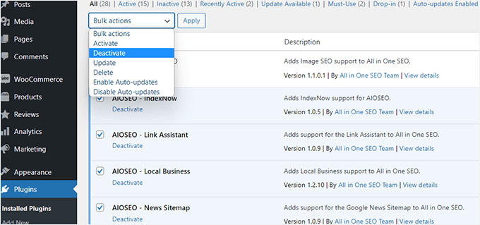 Deactivate all WordPress plugins Deactivate all WordPress plugins