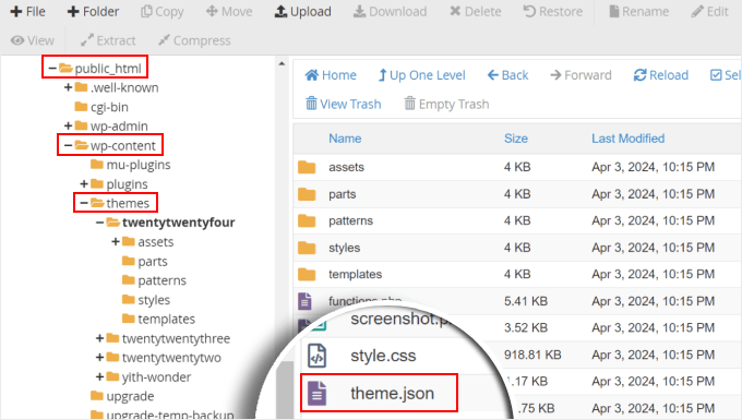 theme.json location as seen in Bluehost file manager theme.json location as seen in Bluehost file manager
