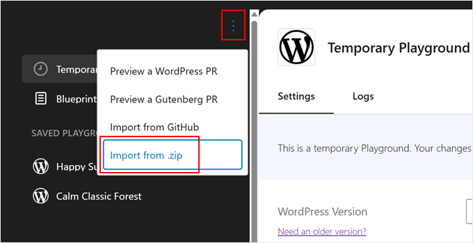 Importing a WordPress Playground instance Importing a WordPress Playground instance