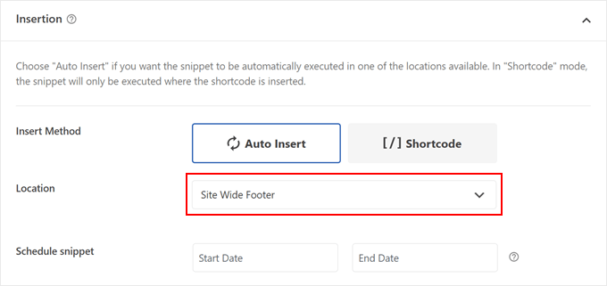Choosing Site Wide Footer for the code snippet location in WPCode Choosing Site Wide Footer for the code snippet location in WPCode