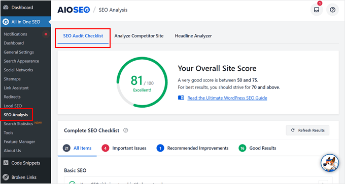 The SEO Audit Checklist dashboard in AIOSEO The SEO Audit Checklist dashboard in AIOSEO