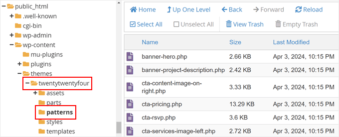 The block theme's patterns folder as seen in Bluehost file manager The block theme's patterns folder as seen in Bluehost file manager