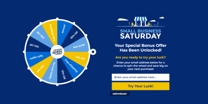 An example of a spin-to-win optin, created using the OptinMonster lead generation tool An example of a spin-to-win optin, created using the OptinMonster lead generation tool