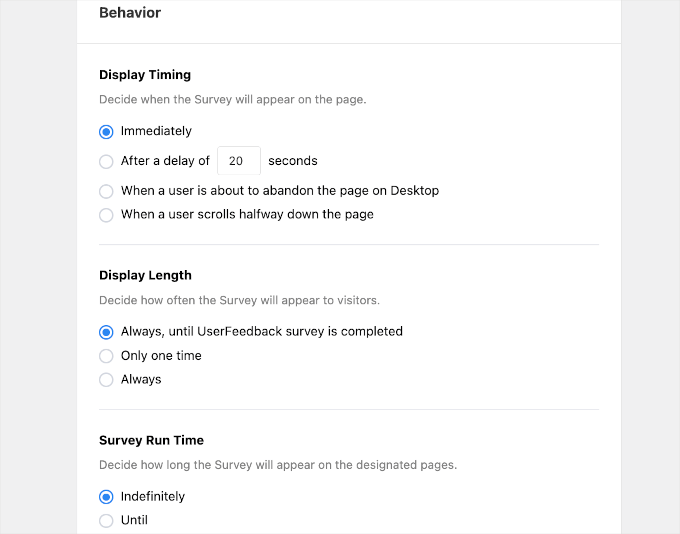 userfeedback-survey-addnew-enabletracking-behavior The Behavior settings for a UserFeedback form