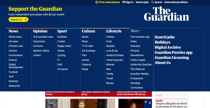 Navigation menu on a news site Navigation menu on a news site