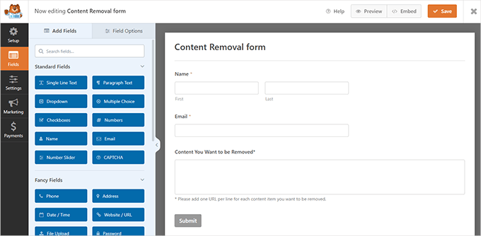 Create content removal form Create content removal form