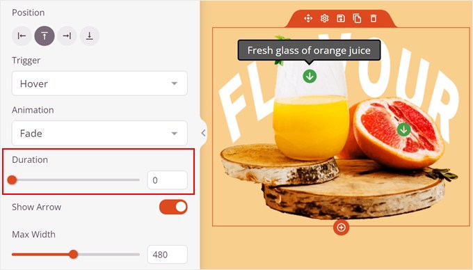 Setting the tooltip duration for the hotspot block in SeedProd Setting the tooltip duration for the hotspot block in SeedProd