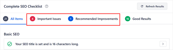 The Complete SEO Checklist tabs in AIOSEO The Complete SEO Checklist tabs in AIOSEO