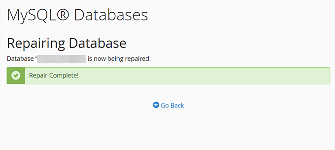 Database repair success message Database repair success message