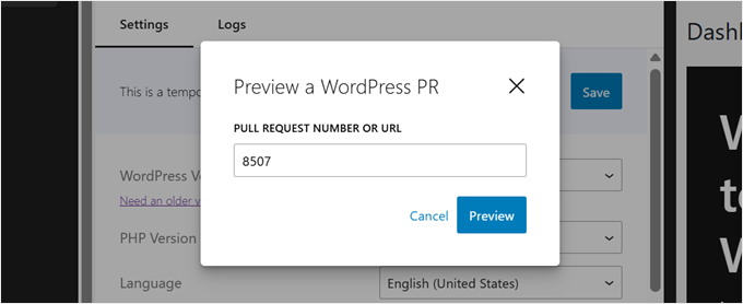 Entering the WordPress GitHub pull request URL or number in WordPress Playground Entering the WordPress GitHub pull request URL or number in WordPress Playground