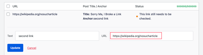 Updating a broken link using AIOSEO Updating a broken link using AIOSEO
