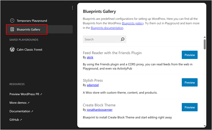 WordPress Playground Blueprints gallery WordPress Playground Blueprints gallery