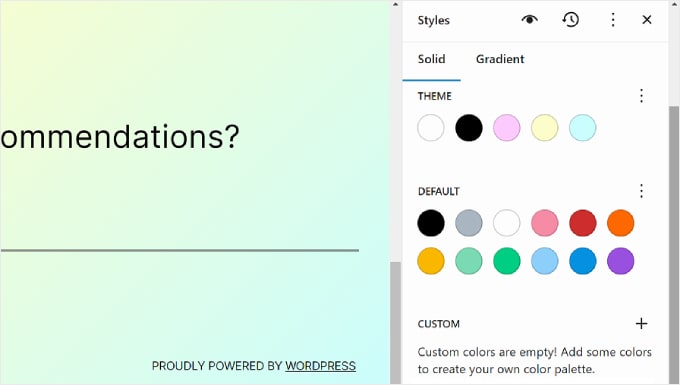 Theme, Default, and Custom color settings in the Styles tab within WordPress Full Site EditorTheme, Default, and Custom color settings in the Styles tab within WordPress Full Site Editor Theme, Default, and Custom color settings in the Styles tab within WordPress Full Site Editor