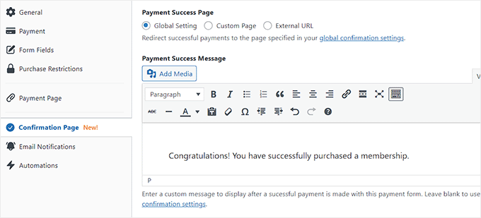 Add a message for the payment confirmation page Add a message for the payment confirmation page
