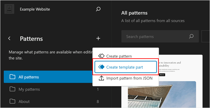 Creating a new template part in the Full Site Editor Creating a new template part in the Full Site Editor