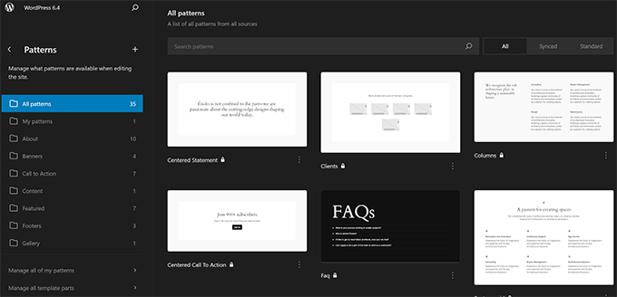 Patterns organized in categories Patterns organized in categories