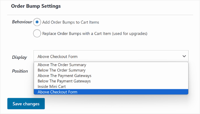 FunnelKit's Order Bump Settings section FunnelKit's Order Bump Settings section