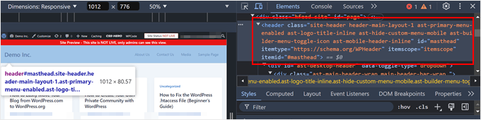 Finding the code for the header section with the Inspect tool Finding the code for the header section with the Inspect tool