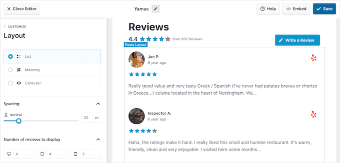 Changing the layout of a review feed Changing the layout of a review feed