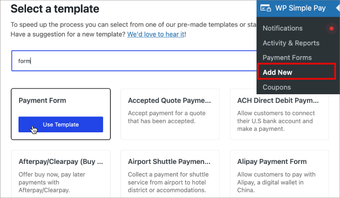 Use payment form template Use payment form template