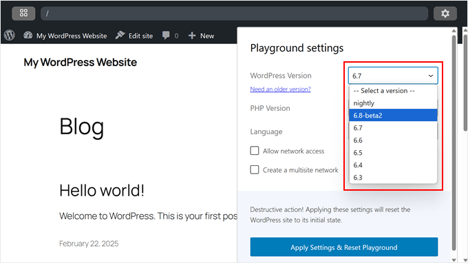 Choosing a WordPress version in Playground Choosing a WordPress version in Playground