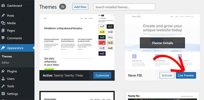 Live preview block themes Live preview block themes