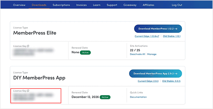 Copy the MemberPress AppKit license key