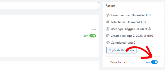 Set recipe to live Set recipe to live
