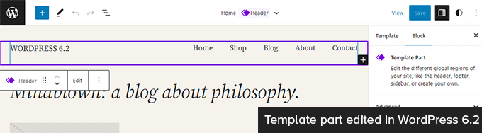 Template part edited in WordPress 6.2 Template part edited in WordPress 6.2