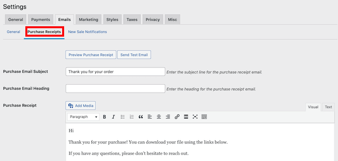 Customizing the purchase receipts email Customizing the purchase receipts email