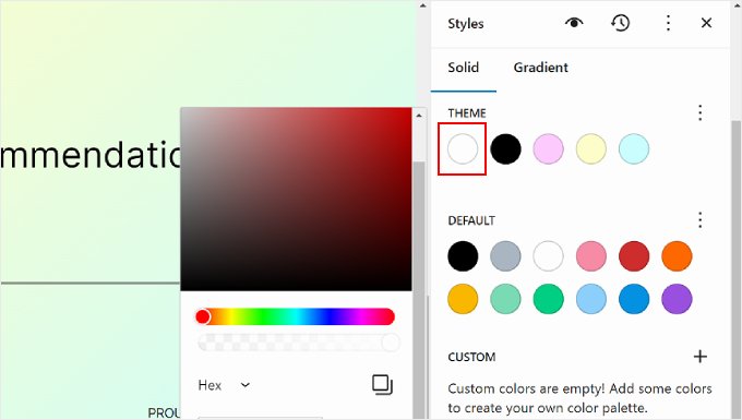 Changing a solid color in the Styles settings within WordPress Full Site Editor Changing a solid color in the Styles settings within WordPress Full Site Editor