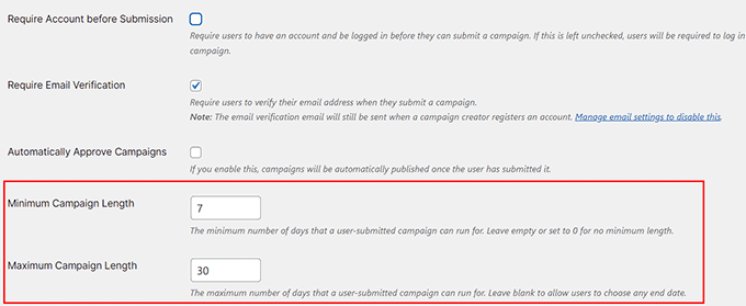 Configure minimum and maximum peer to peer campaign length Configure minimum and maximum peer to peer campaign length