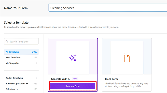 Click the Generate form button Click the Generate form button