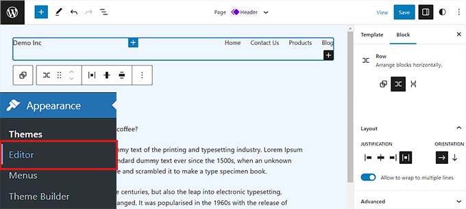 Double click the Header block to open up its settings in the right column Double click the Header block to open up its settings in the right column