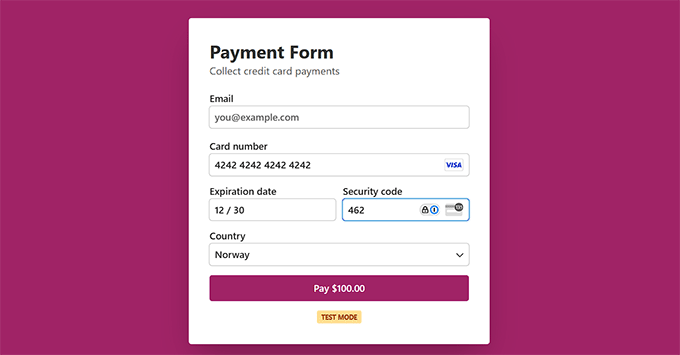Preview of a payment form in test mode Preview of a payment form in test mode