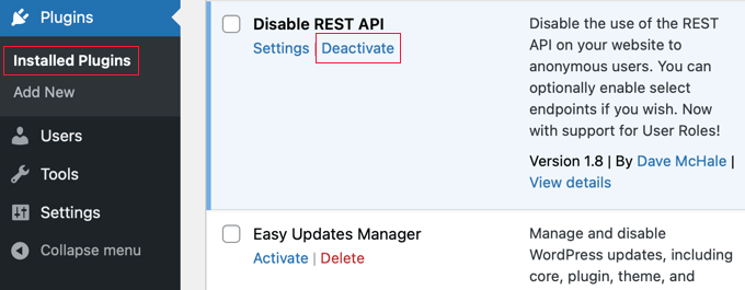 Deactivating a WordPress Plugin Deactivating a WordPress Plugin
