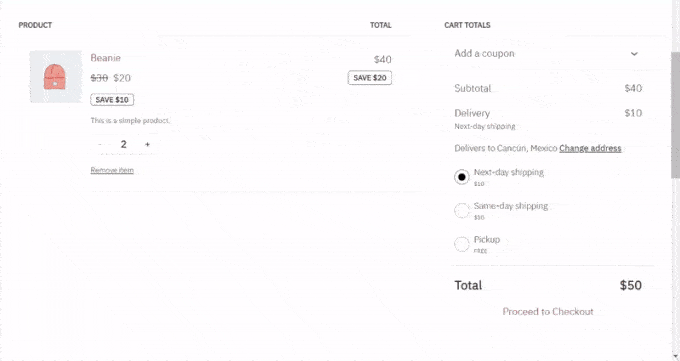 Example of the free shipping option appearing in WooCommerce Example of the free shipping option appearing in WooCommerce