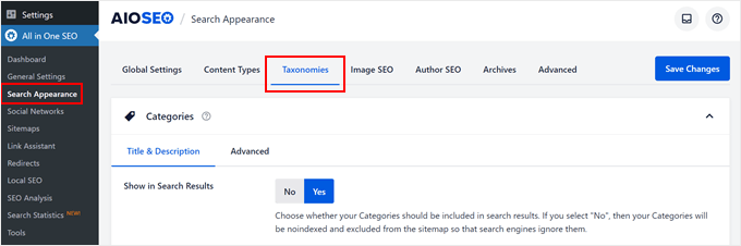 Opening the taxonomies search appearance settings in AIOSEO Opening the taxonomies search appearance settings in AIOSEO