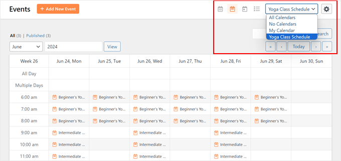 The event filters in the Sugar Calendar event admin page The event filters in the Sugar Calendar event admin page