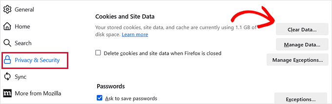 Clear data in Firefox Clear data in Firefox