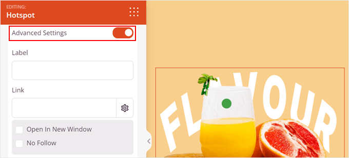 Enabling the hotspot block's advanced settings in SeedProd Enabling the hotspot block's advanced settings in SeedProd